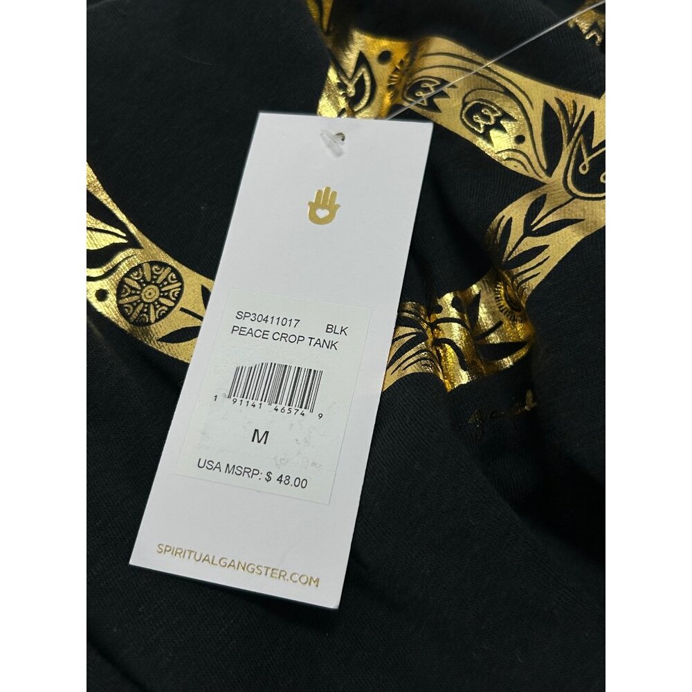 SPIRITUAL GANGSTER Peace Crop Muscle Tank Top M Black Gold Graphic Cotton Blend - Picture 8 of 11